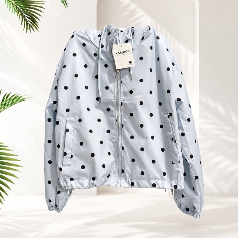 Light Blue Black Polka Dot Windbreaker Jacket with Hood | Lightweight Casual Outerwear product photo 4