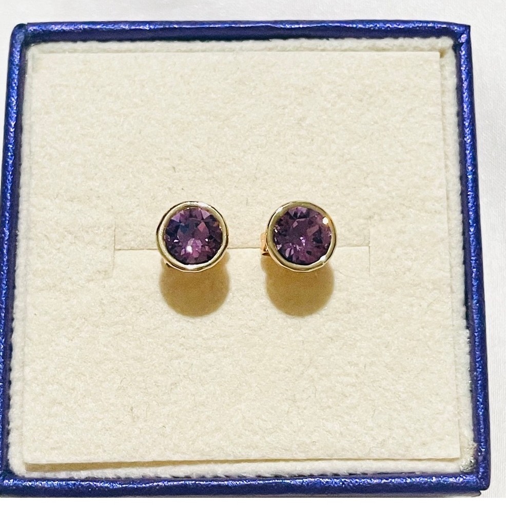 Amethyst Bezel Stud Earrings | Round-Cut Purple Stone | Champagne Gold Setting product photo 1