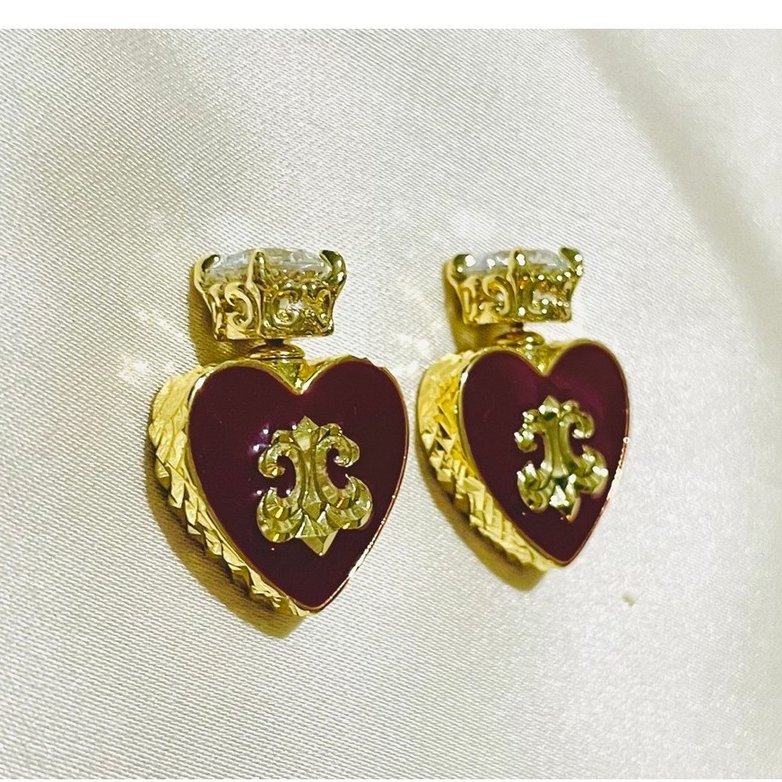 Crown-Topped Heart Enamel Stud Earrings Burgundy Red Enamel |Fleur-de-Lis Detail| w/ dia. product photo 1