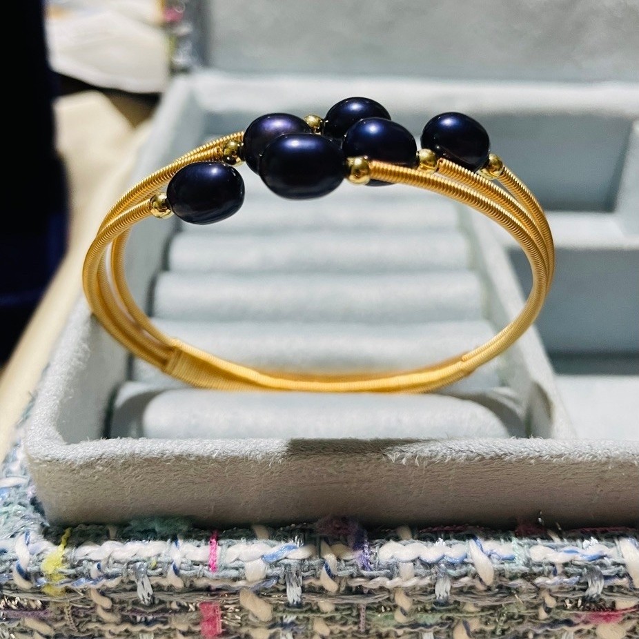 Purple Freshwater PearlWrap Bangle | 18K Gold Setting |Adjustable Open Cuff | Fits 16-19cm product photo 2