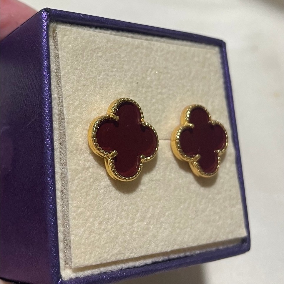 Clover Stud Earrings | Maroon Stone | 18K Gold Setting | 15mm product photo 2