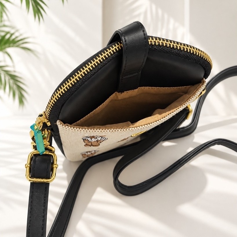 Women’s Cellphone Sling Bag | Canvas & Leather | Mini Crossbody Bag | Cute Bear Print product photo 5