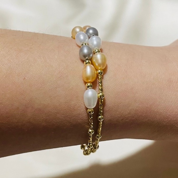 Freshwater Pearl Spiral Wrap Bracelet | Textured 18K YG Settings|Multi-Colored Pearls product photo 4