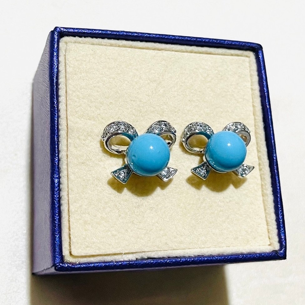 Turquoise Bow Stud Earrings | Pavé Diamond Ribbon Design | Platinum Setting