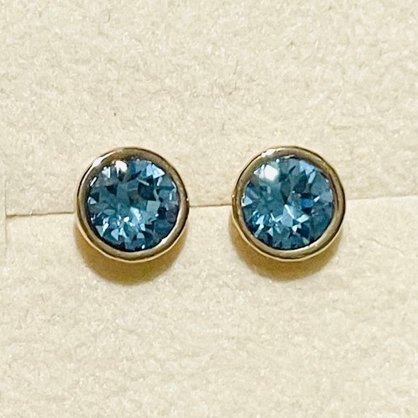 Aquamarine Bezel Stud Earrings | Round-Cut Blue Stone | Champagne Gold Setting