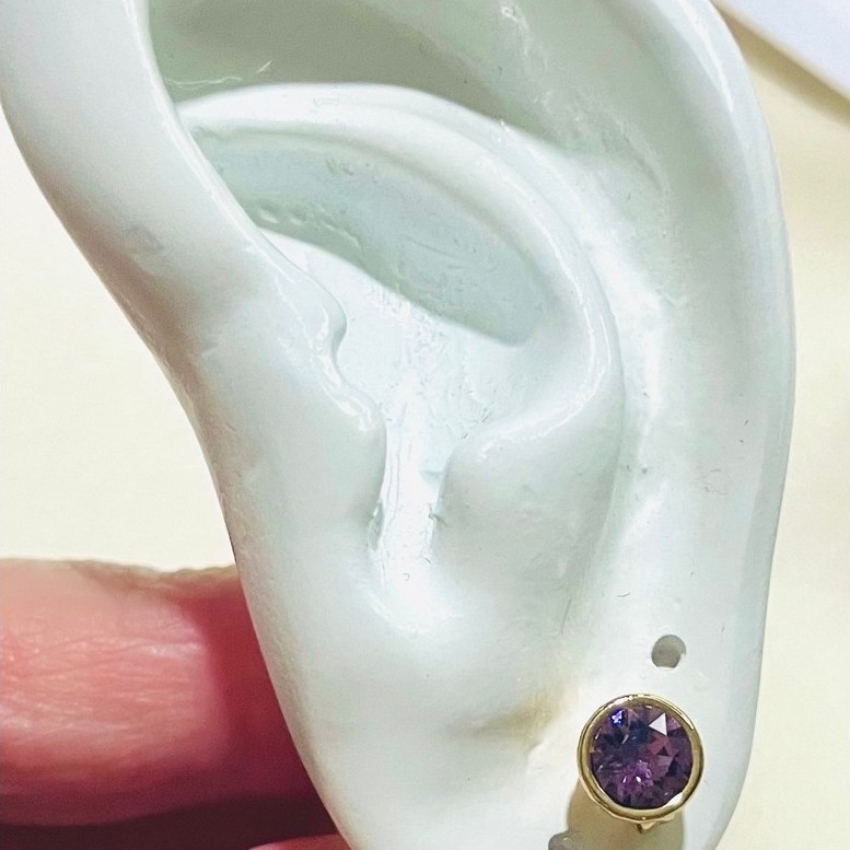 Amethyst Bezel Stud Earrings | Round-Cut Purple Stone | Champagne Gold Setting product photo 4