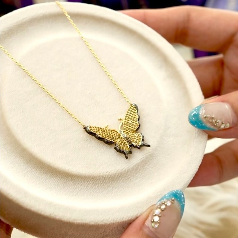 Yellow Butterfly Centered Necklace | 18K Yellow Gold Setting | Diamond Accent|Black Enamel product photo 2
