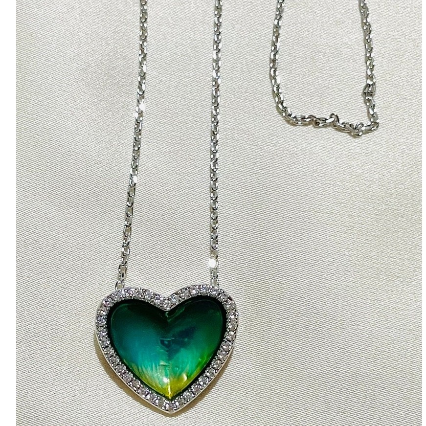 Green & Yellow Enamel Heart Pendant Necklace | Platinum Setting | Diamond Accent product photo 5