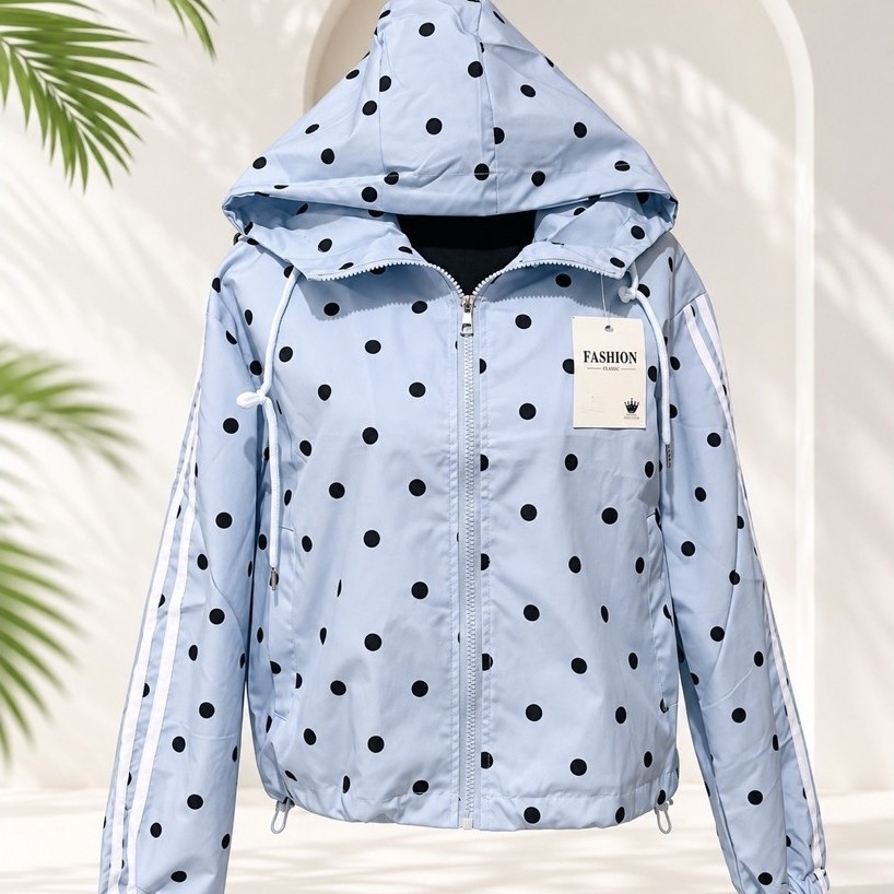 Light Blue Black Polka Dot Windbreaker Jacket with Hood | Lightweight Casual Outerwear product photo 2