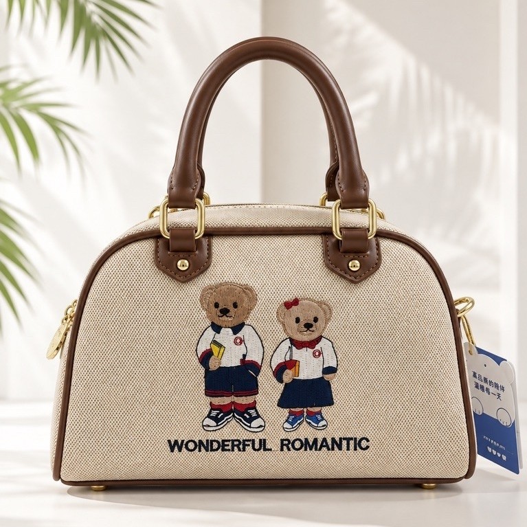 Women's Bowling/boston Style Handbag |Canvas & Leather| Cute Bear Embroidery |w/Long Sling Strap product photo 1