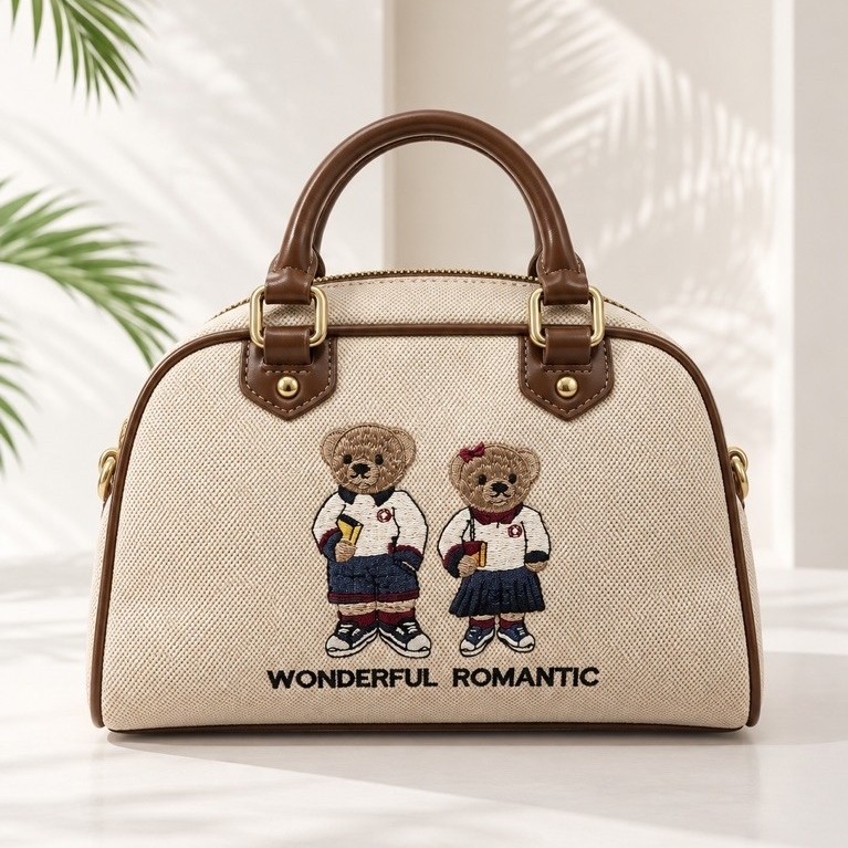 Women's Bowling/boston Style Handbag |Canvas & Leather| Cute Bear Embroidery |w/Long Sling Strap product photo 3