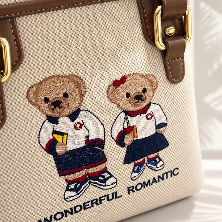 Women's Bowling/boston Style Handbag |Canvas & Leather| Cute Bear Embroidery |w/Long Sling Strap product photo 2