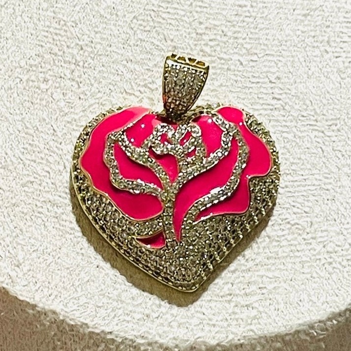 Rose Heart Pendant | Pavé Diamond Accent | Enamel Rose Design | 1.5” x 1.5” product photo 3
