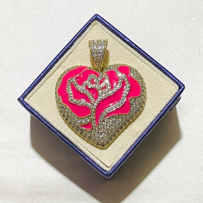 Rose Heart Pendant | Pavé Diamond Accent | Enamel Rose Design | 1.5” x 1.5” product photo 5