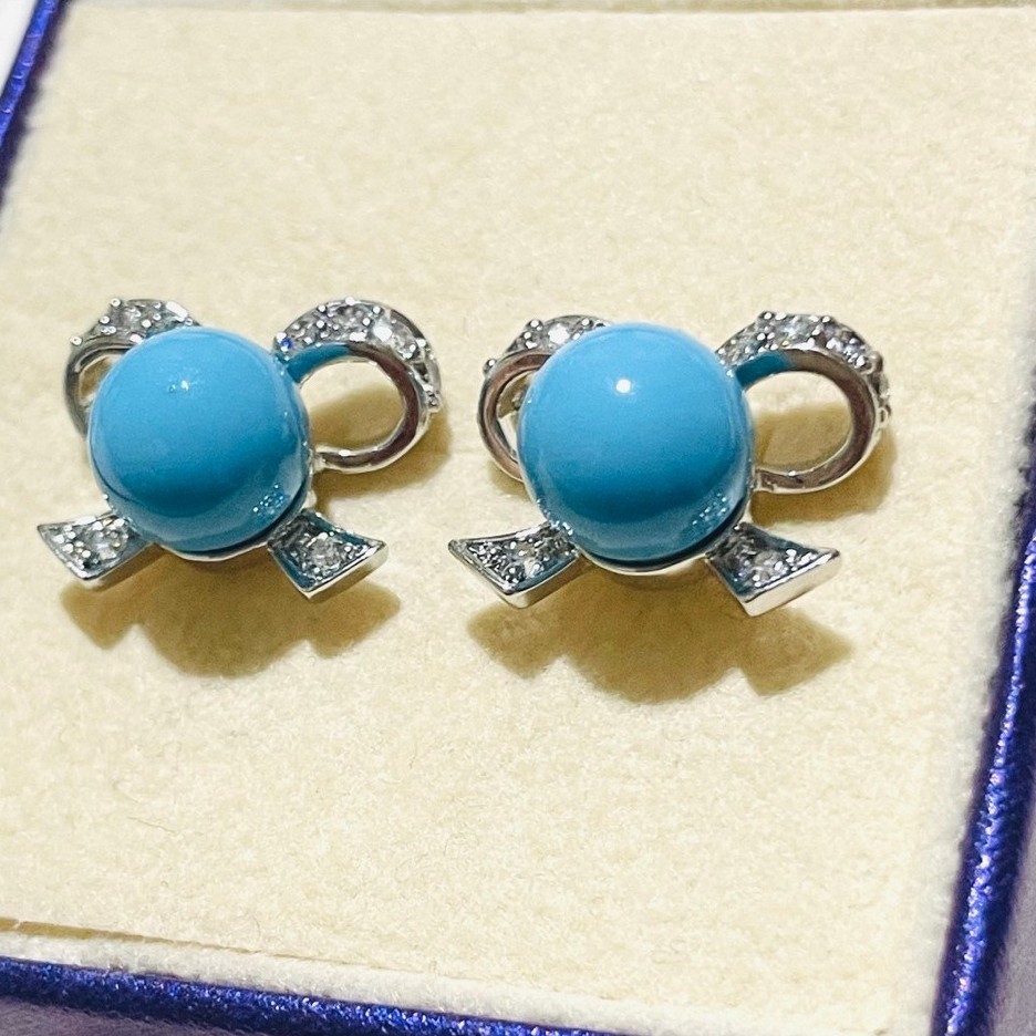 Turquoise Bow Stud Earrings | Pavé Diamond Ribbon Design | Platinum Setting product photo 2