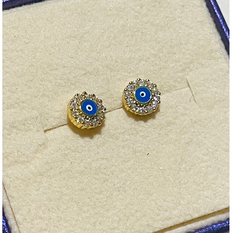 Evil Eye Stud Earrings | Diamond Halo Accent | Blue Enamel Detail | 18K Yg settings product photo 2