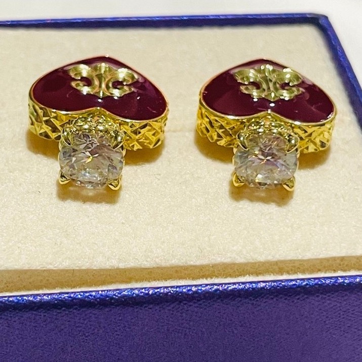 Crown-Topped Heart Enamel Stud Earrings Burgundy Red Enamel |Fleur-de-Lis Detail| w/ dia. product photo 2