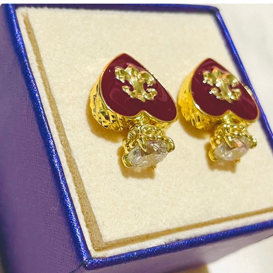 Crown-Topped Heart Enamel Stud Earrings Burgundy Red Enamel |Fleur-de-Lis Detail| w/ dia. product photo 4