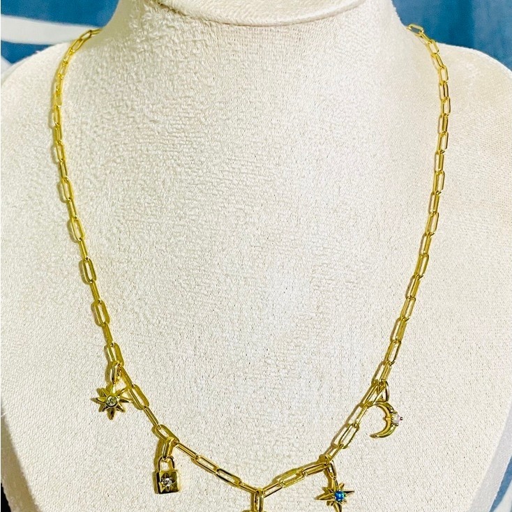 Celestial Charm Paperclip Chain Necklace | 18K Yellow Gold Setting |Adjustable 18.5–20.5” product photo 1