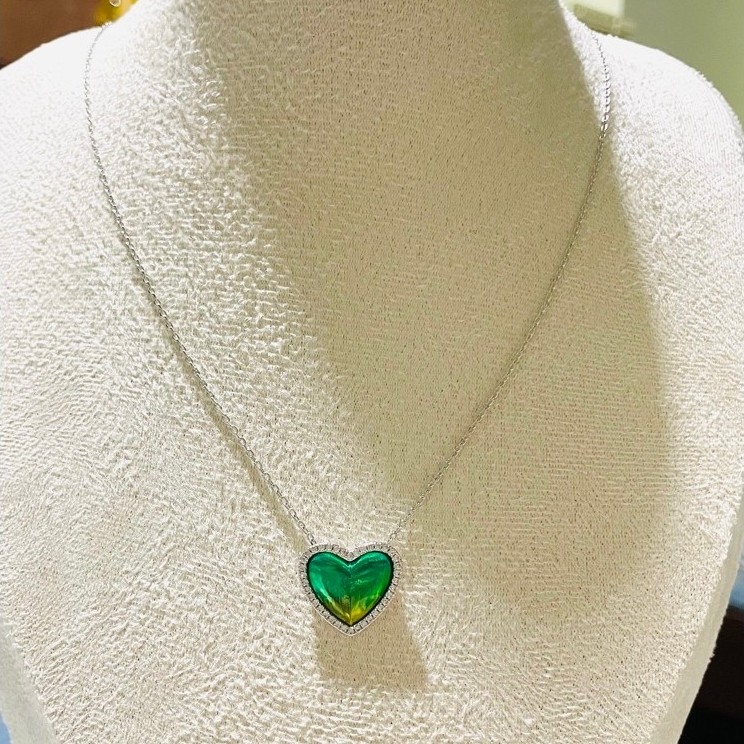 Green & Yellow Enamel Heart Pendant Necklace | Platinum Setting | Diamond Accent product photo 4