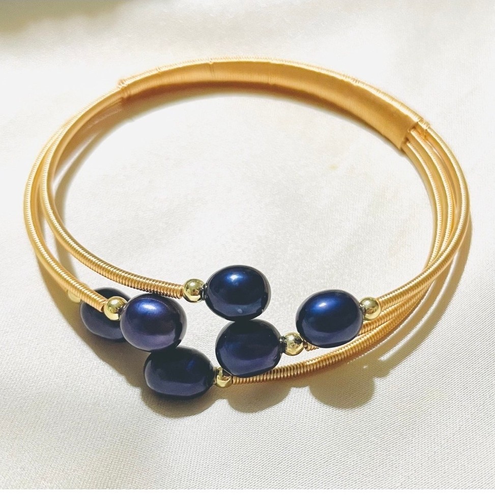 Purple Freshwater PearlWrap Bangle | 18K Gold Setting |Adjustable Open Cuff | Fits 16-19cm product photo 3