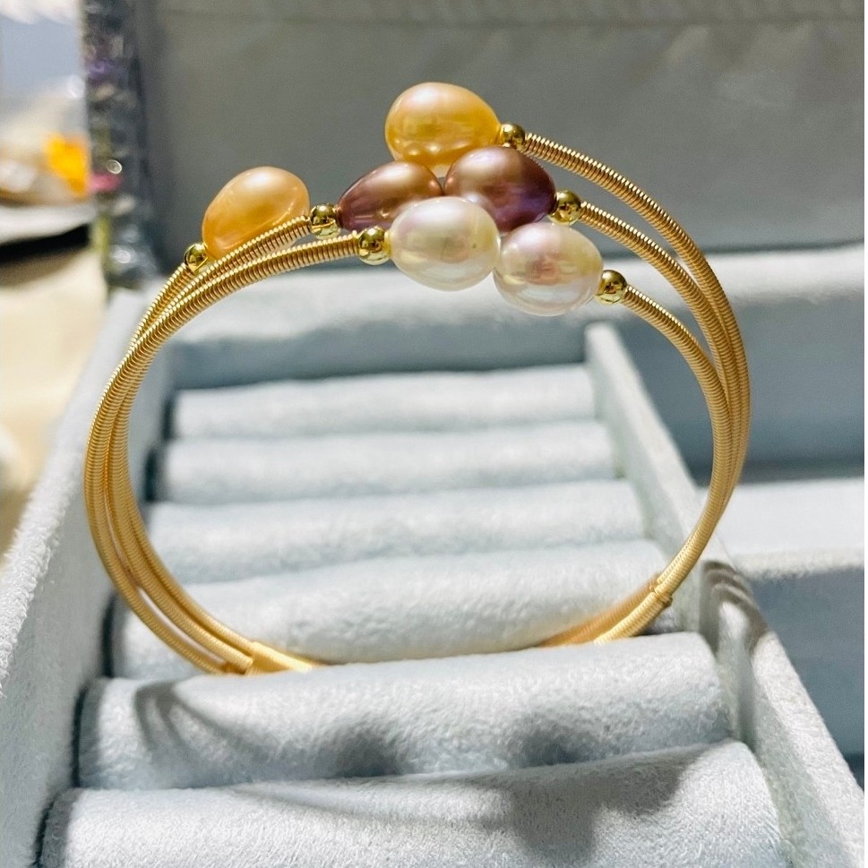 Multi-Tone Freshwater Pearl Wrap Bangle | 18K Gold Setting | Adjustable Open Cuff product photo 5