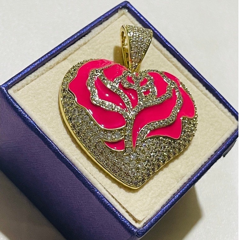 Rose Heart Pendant | Pavé Diamond Accent | Enamel Rose Design | 1.5” x 1.5” product photo 4