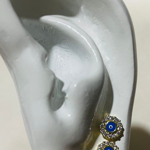 Evil Eye Stud Earrings | Diamond Halo Accent | Blue Enamel Detail | 18K Yg settings product photo 5