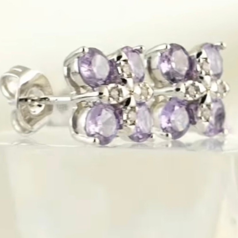 Amethyst Cluster Stud Earrings | Platinum Setting | Diamond Accents | Lab-Grown Amethyst product photo 2