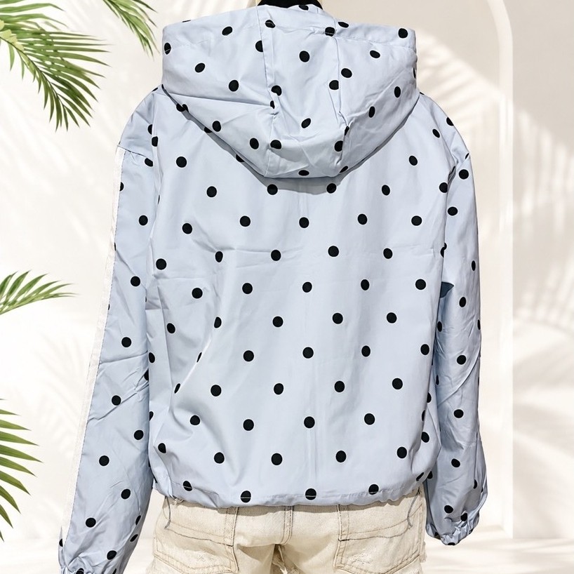 Light Blue Black Polka Dot Windbreaker Jacket with Hood | Lightweight Casual Outerwear product photo 3