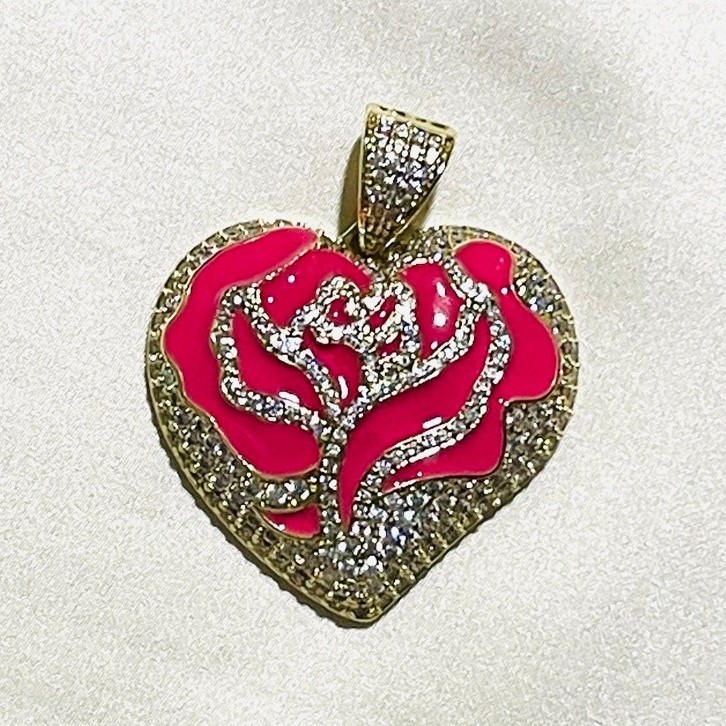 Rose Heart Pendant | Pavé Diamond Accent | Enamel Rose Design | 1.5” x 1.5”