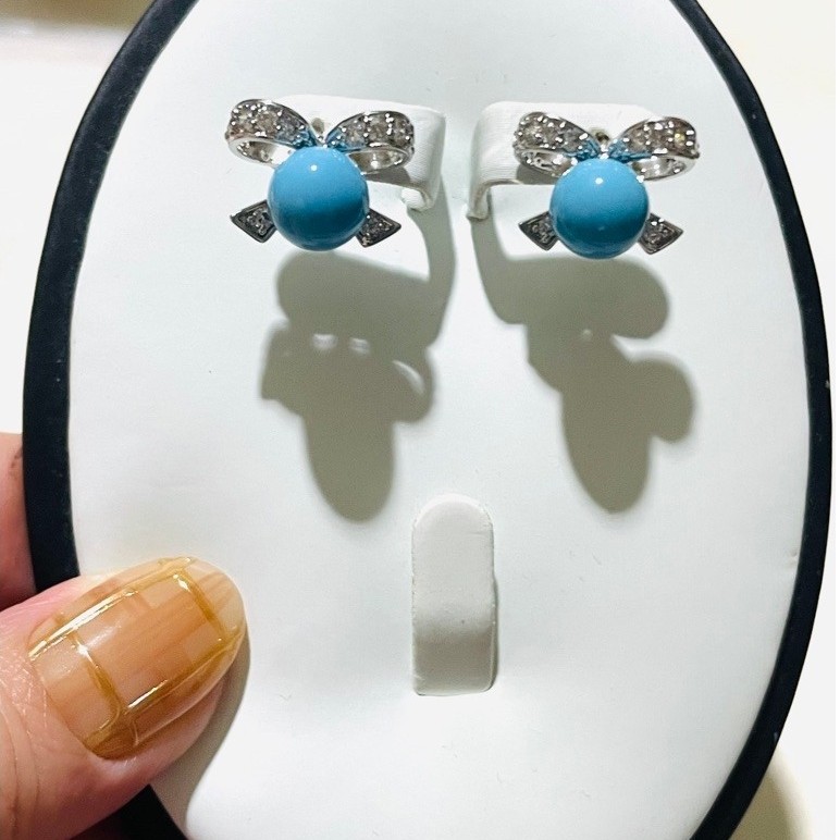 Turquoise Bow Stud Earrings | Pavé Diamond Ribbon Design | Platinum Setting product photo 4