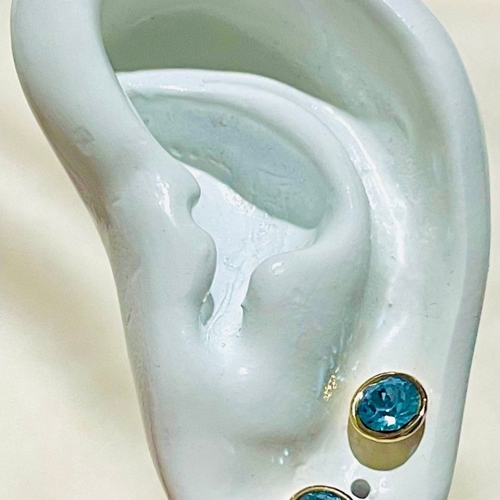 Aquamarine Bezel Stud Earrings | Round-Cut Blue Stone | Champagne Gold Setting product photo 5