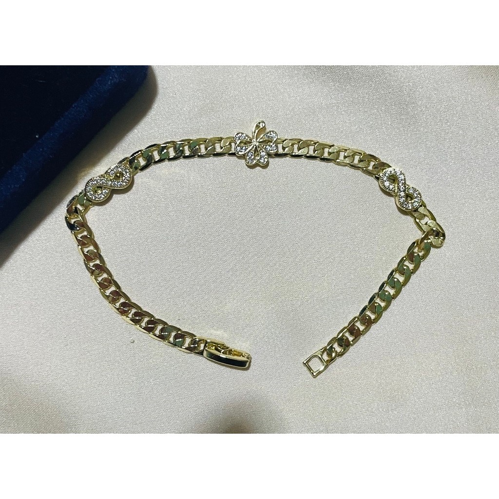 Curb Chain Bracelet | Clover Leaf & Infinity Charms | Diamond Accents | 18K Gold Setting | 16-18cm