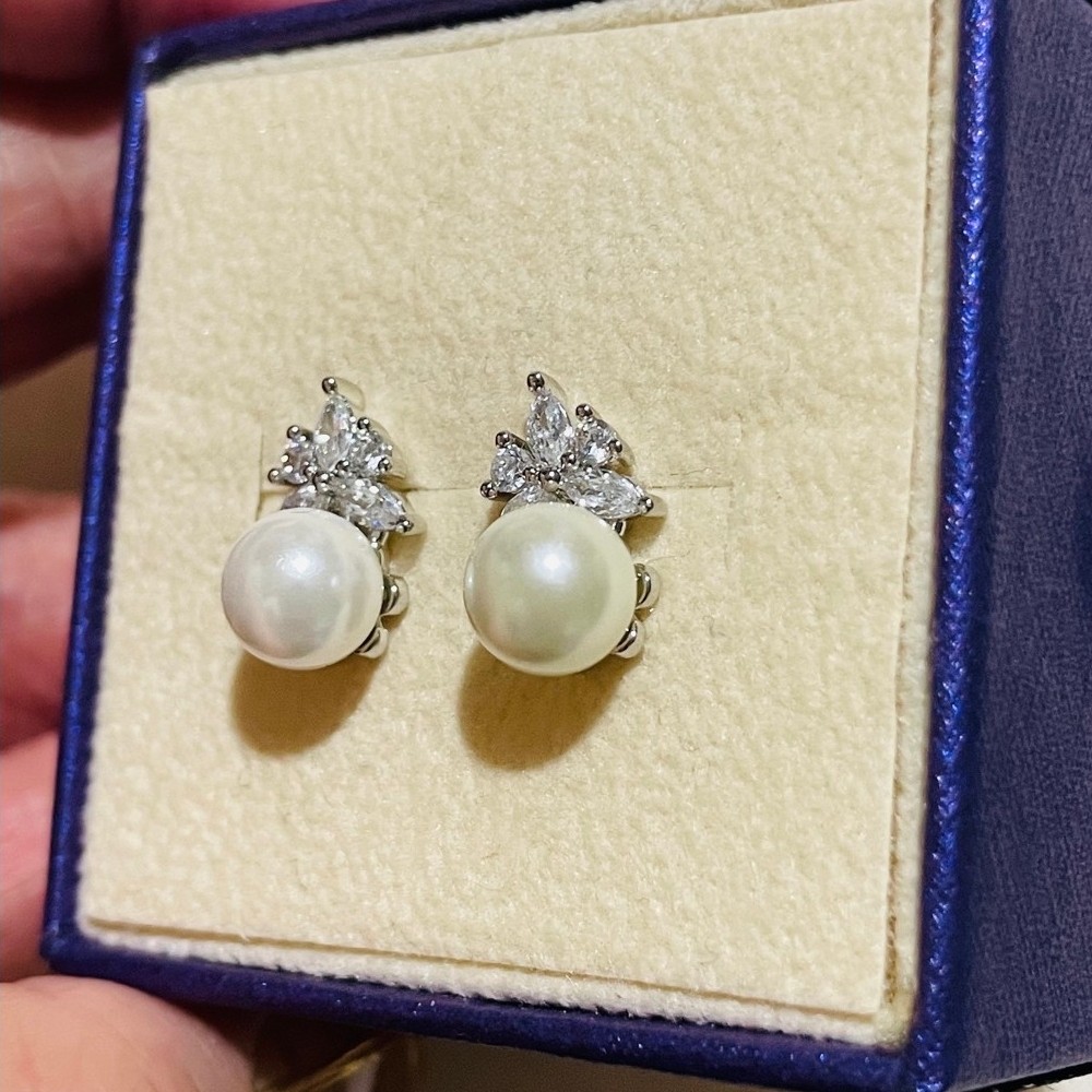 Freshwater Pearl Stud Earrings | Marquise Diamond Accent Cluster | Platinum Setting product photo 5