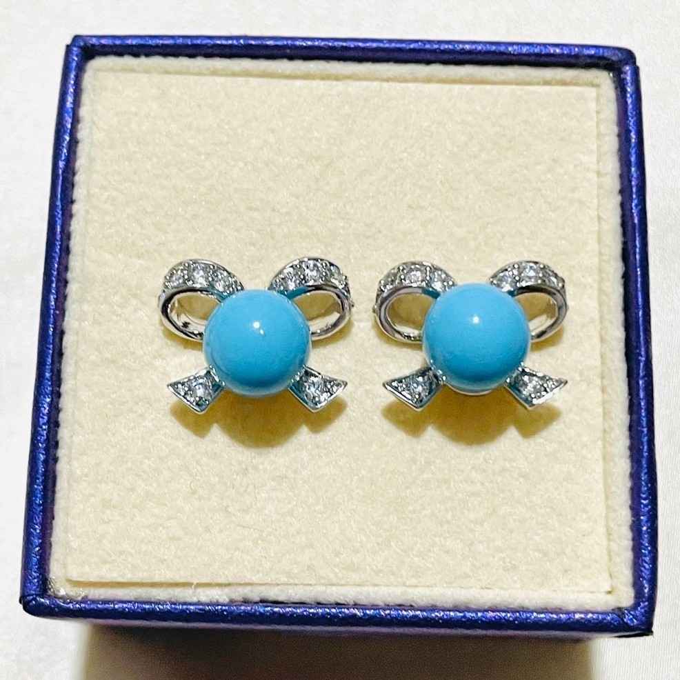 Turquoise Bow Stud Earrings | Pavé Diamond Ribbon Design | Platinum Setting product photo 3
