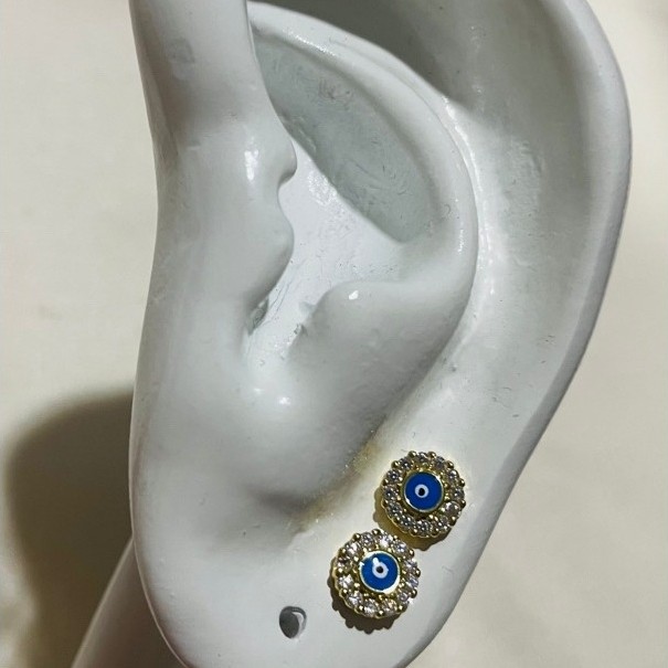 Evil Eye Stud Earrings | Diamond Halo Accent | Blue Enamel Detail | 18K Yg settings product photo 4