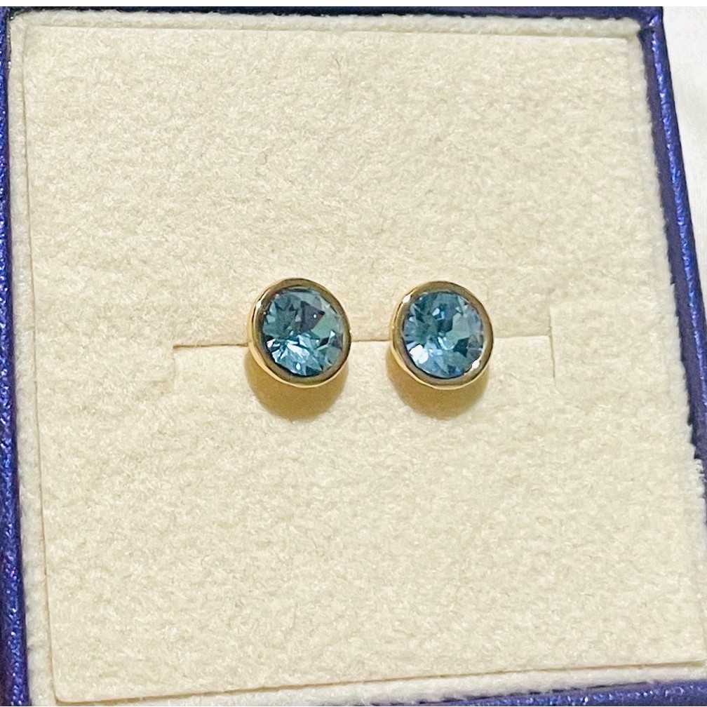 Aquamarine Bezel Stud Earrings | Round-Cut Blue Stone | Champagne Gold Setting product photo 3