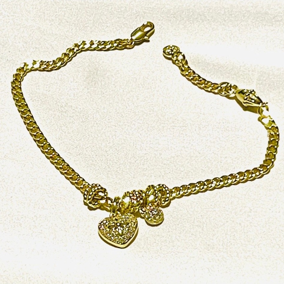 Curb Chain Bracelet (Japan Chain Style) | Pavé Heart & Ball Charms | Dia Accents product photo 5