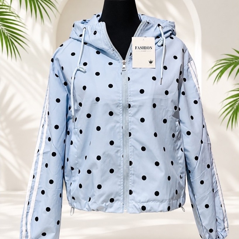 Light Blue Black Polka Dot Windbreaker Jacket with Hood | Lightweight Casual Outerwear