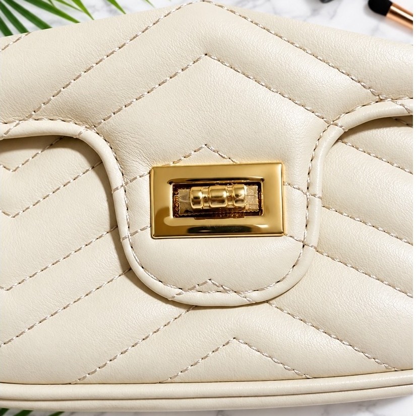Women's Quilted PU Leather Crossbody Bag | Chain Strap Sling Bag | Light Cream | Gold Hardware product photo 4