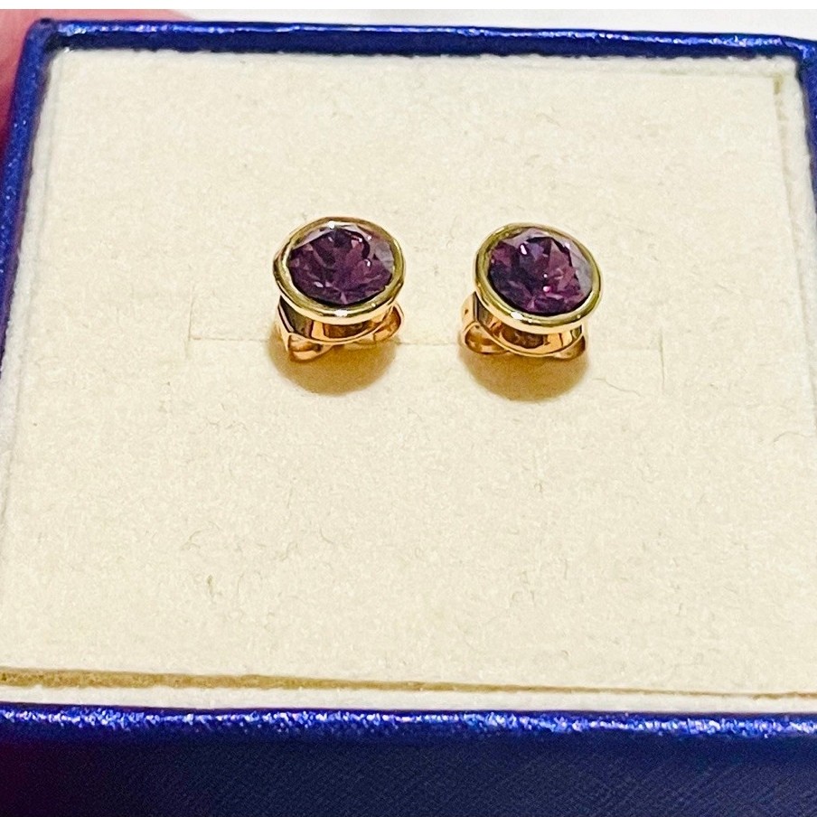 Amethyst Bezel Stud Earrings | Round-Cut Purple Stone | Champagne Gold Setting product photo 2