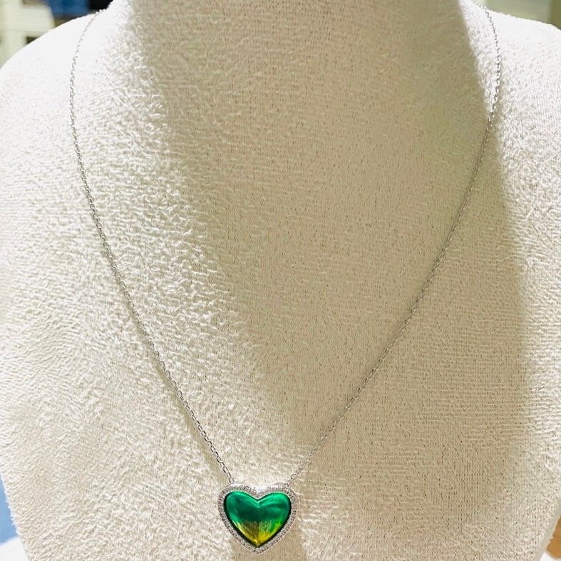 Green & Yellow Enamel Heart Pendant Necklace | Platinum Setting | Diamond Accent product photo 1