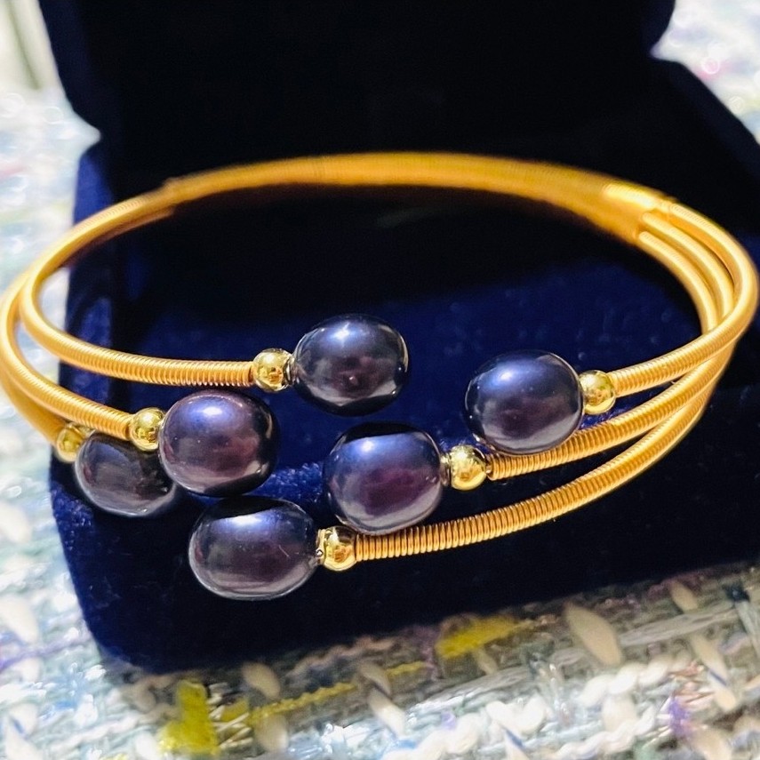 Purple Freshwater PearlWrap Bangle | 18K Gold Setting |Adjustable Open Cuff | Fits 16-19cm product photo 1