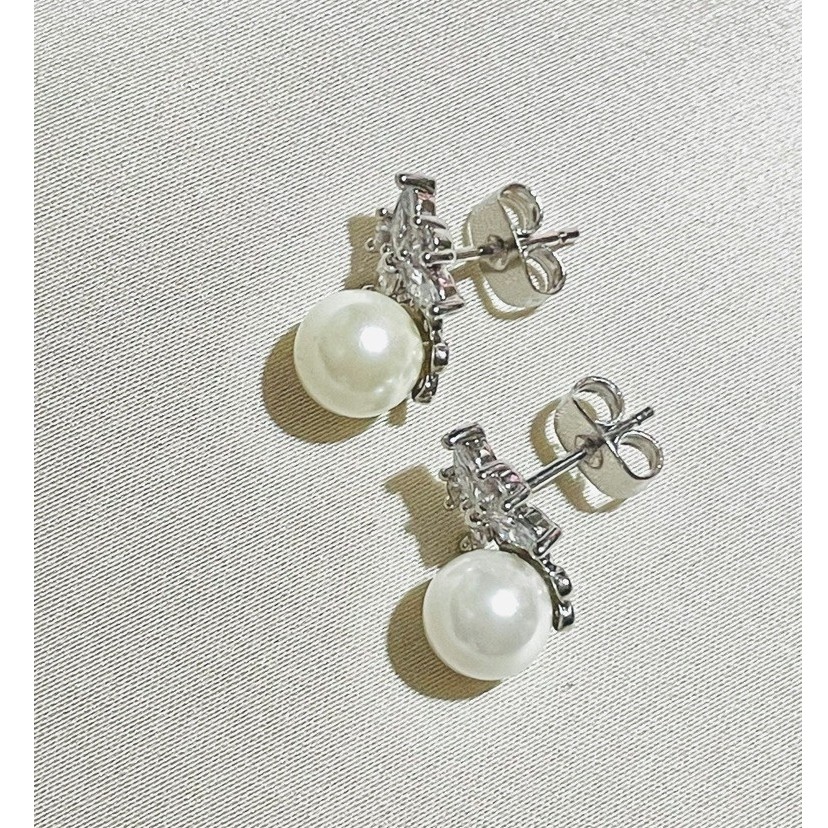 Freshwater Pearl Stud Earrings | Marquise Diamond Accent Cluster | Platinum Setting product photo 4