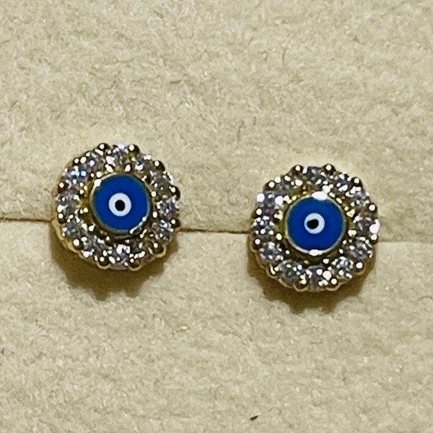 Evil Eye Stud Earrings | Diamond Halo Accent | Blue Enamel Detail | 18K Yg settings product photo 3