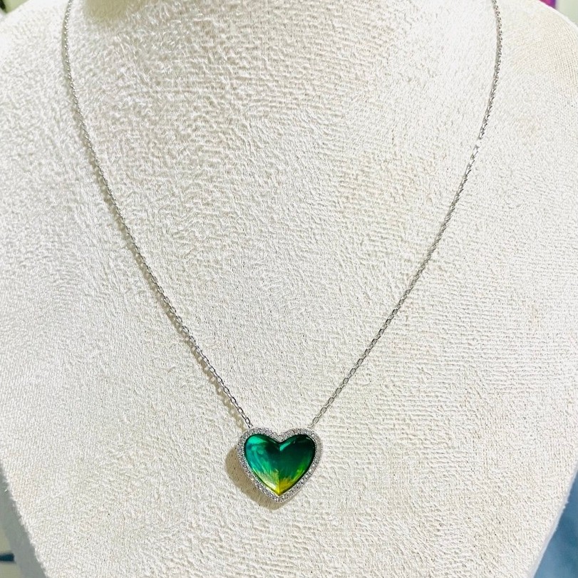 Green & Yellow Enamel Heart Pendant Necklace | Platinum Setting | Diamond Accent product photo 2