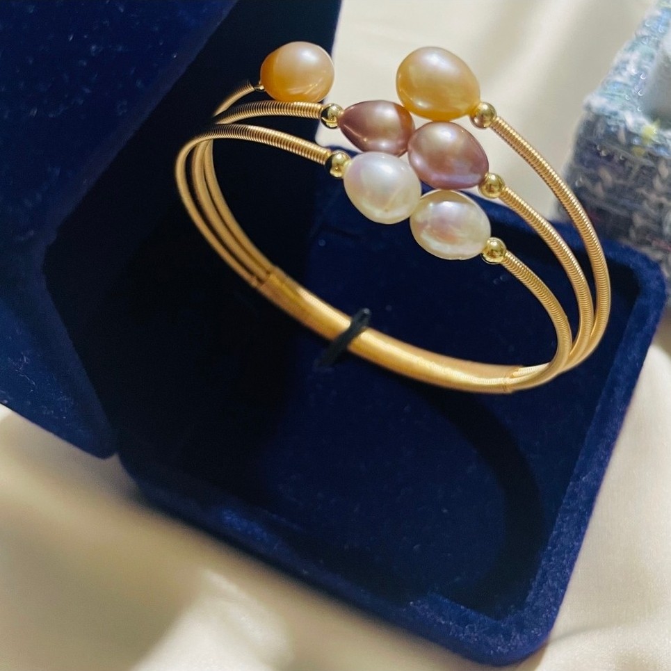 Multi-Tone Freshwater Pearl Wrap Bangle | 18K Gold Setting | Adjustable Open Cuff product photo 2