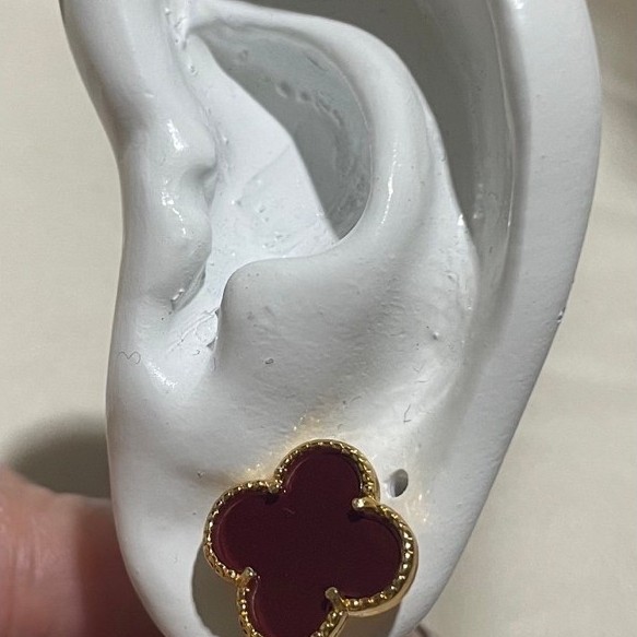 Clover Stud Earrings | Maroon Stone | 18K Gold Setting | 15mm product photo 4
