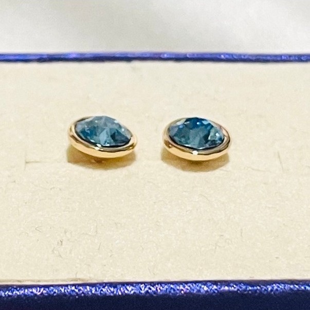 Aquamarine Bezel Stud Earrings | Round-Cut Blue Stone | Champagne Gold Setting product photo 2